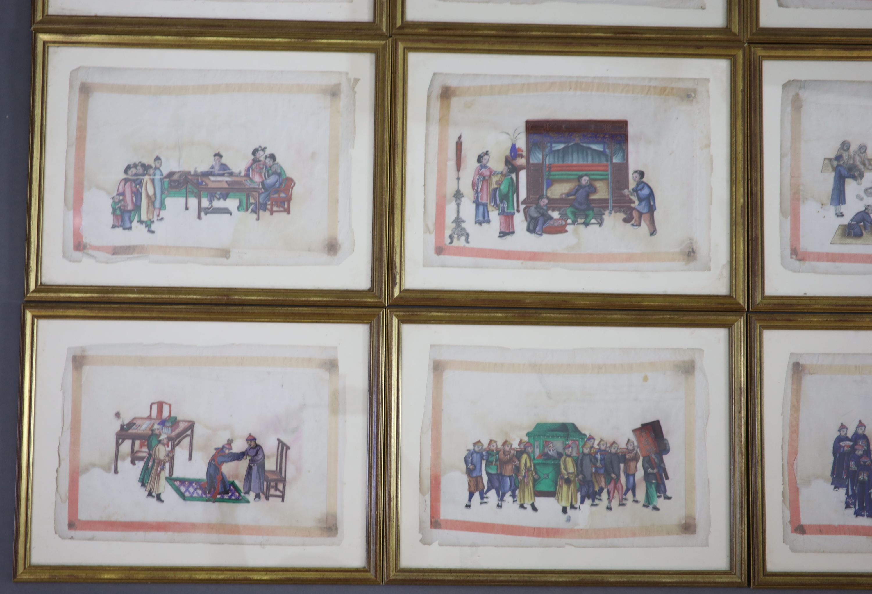 A set of twelve Chinese paintings on pith paper, 19th century, approx. 25.5 x 37cm